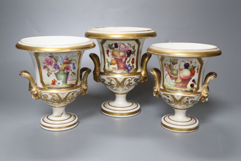 A set of three early 19th century Derby campana vases, height 15cm (a.f.)